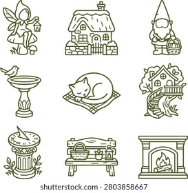 Fairy tale and garden set featuring fairy, cottage, gnome, bird bath, sleeping cat, tree house, and fireplace