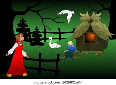 Fairy tale geese-swans. Characters in the forest thicket.