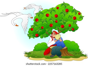 Fairy tale geese-swans. Children, brother and sister are hiding under an apple tree.