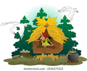 Fairy tale geese-swans. Fairy-tale character Baba Yaga in a hut on chicken legs.