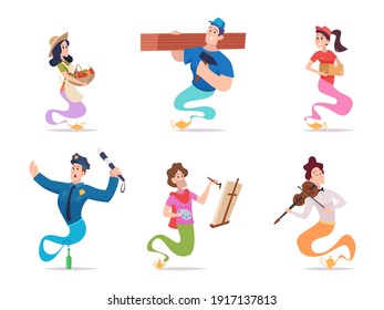 Fairy tale genie. Fantasy characters male female living in fairy tale lamp or bottle creatures various action poses and professions exact vector persons in smoke