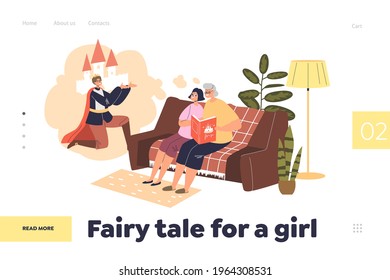 Fairy tale for girl landing page concept with granny reading story about prince to granddaughter. Grandmother telling fairytale to grandchild sitting on coach. Cartoon flat vector illustration