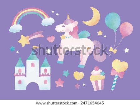 Fairy tale girly cute objects watercolor