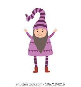 Fairy tale gnome. Cute fantasy character midget with beard, in purple clothes and red boots. A smiling funny fabulous friendly dwarf. Flat cartoon vector isolated illustration.