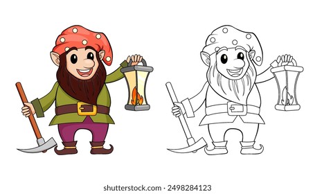 Fairy tale gnome with lamp. Dwarf. Elf. Color and black white vector illustration for coloring book with example in color