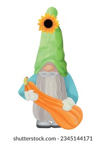 Fairy tale gnome with orange pumpkin in hat decorated with sunflower. Autumn character for fall decor, for t-shirts, mugs, cards and Thanksgiving invitations.