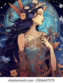 Fairy tale goddess princess night colorful vector illustration in style tarot cards for book, banners, website, games.