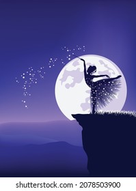 Fairy Tale Godmother Standing At Mountain Cliff Against Full Moon And Casting A Spell With Her Magic Wand Summoning Stars - Fantasy Sorceress Silhouette And Night Landscape Vector Design