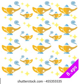Fairy tale golden magic lamp design. Arabian Fairy tale, Success, wealth concept. vector illustration, Textile and wallpaper background. 