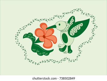 Fairy tale green bird flying near red flower. Vector illustration.