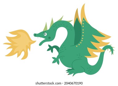 Fairy tale green dragon breathing out fire isolated on white background. Vector fantasy animal. Medieval fairytale character. Cartoon magic icon
