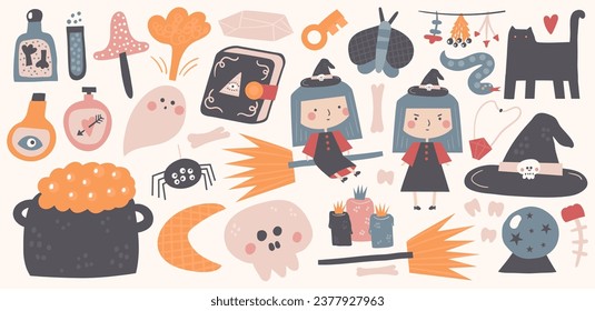 Fairy tale Halloween objects set. Cute hand drawn doodle spooky clip art for kids. Magic items, witch, spell book, black cat, cauldron, ghost, skull, snake, moth, crystal ball, moon, broom, spider.