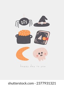 Fairy tale Halloween postcard with cute hand drawn doodle spider, hat, cauldron, spell book, moon, skull. Magical cover, page, template, banner, poster, print. Mythology enchanted background for kids