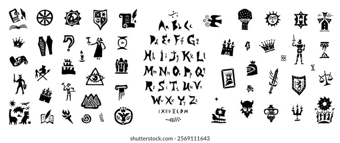 fairy tale history alphabet vector icon set , characters signs and symbols graphic illustration collection