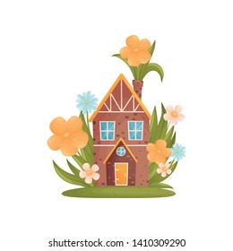 Fairy tale house among the grass and colorful flowers. Vector illustration on white background.