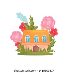Fairy tale house among the grass and flowers. Vector illustration on white background.