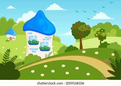 A fairy tale house in a clearing with trees . Beautiful nature