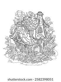 Fairy tale house. Coloring page. Magic forest hut, black and white picture