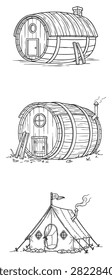 Fairy Tale House Coloring Pages Bundle Barrel Cottage Wooden Barrel Home Tent House Whimsical Fantasy Kids Adults Printable