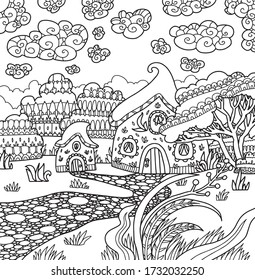 fairy tale house faerie  forest field fields ornate cute lined doodle coloring book page black and white background