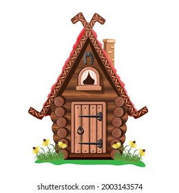 Fairy tale house made of logs with a red roof, an old wooden door, a window, a chimney and a horseshoe for luck. Vector illustration in cartoon style isolated on white background.