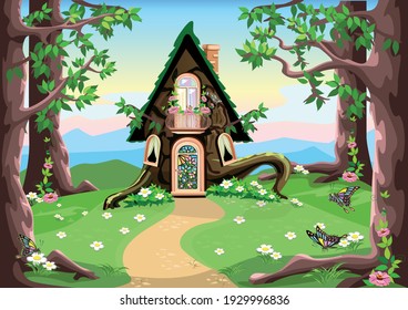 A fairy tale house made in wood with a balcony and a stained glass door stands on a flower meadow in the forest. Background vector illustration in cartoon style.