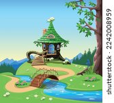 Fairy tale house in an old stump with a green roof and a wooden ladder in the forest near the river. Path and wooden bridge across the river. Forest house. Dreamland. Vector illustration