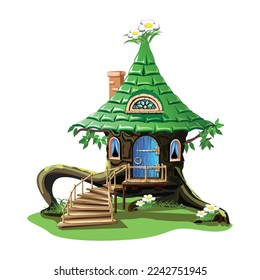 Fairy tale house in an old stump with a green roof and a wooden ladder. Forest house. Dreamland. Vector illustration isolated on white background.