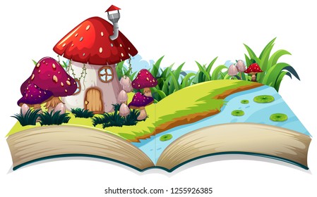 A fairy tale house on open book illustration