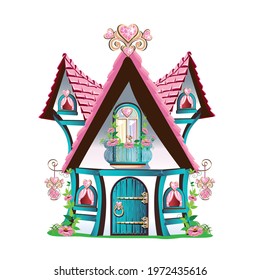 Fairy tale house with a pink roof, a balcony, a country door and hearts made of precious stones. Fairy tale background vector illustration in cartoon style isolated on white background.