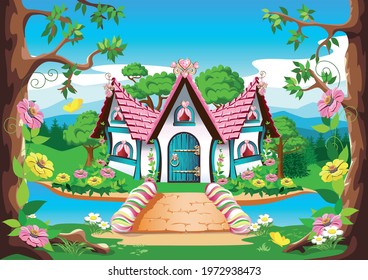 Fairy tale house with a pink roof and hearts made of precious stones against the backdrop of a beautiful landscape. Fairy tale background vector illustration in cartoon style.