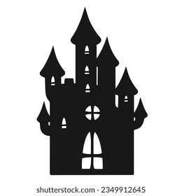 Fairy tale house silhouette emblem monochrome fantasy castle from witch story and monster coming to people on Halloween vector illustration