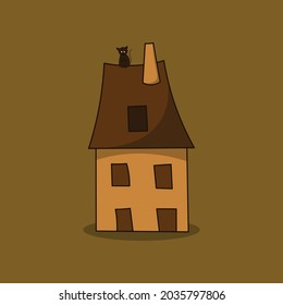 Fairy tale house and there cat on the roof, vector illustration