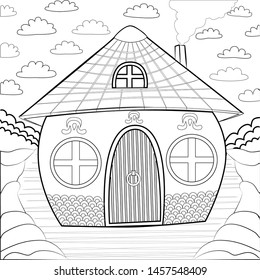 Fairy tale house with a tiled roof. The house has round windows and a chimney, a wooden door. Landscape with a cloudy sky and a round house. Painting for children.