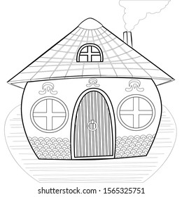 Fairy tale house with a tiled roof. The house has round windows and a chimney, a wooden door.  Painting for children.