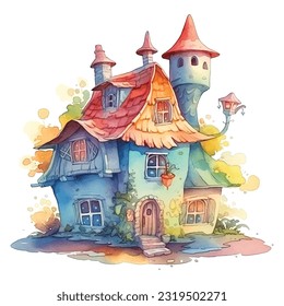 Fairy tale house watercolor paint vector ilustration