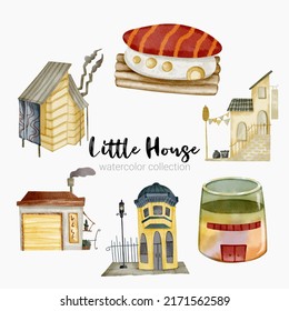 Fairy tale houses. Fantasy forest cabin. Imagination village. Magical landscape elements. Cottages of fictional characters. Vector creative homes set 