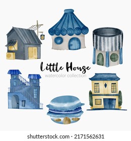 Fairy tale houses. Fantasy forest cabin. Imagination village. Magical landscape elements. Cottages of fictional characters. Vector creative homes set 