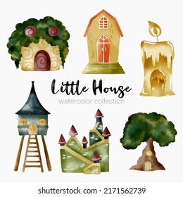 Fairy tale houses. Fantasy forest cabin. Imagination village. Magical landscape elements. Cottages of fictional characters. Vector creative homes