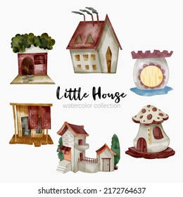 Fairy tale houses. Fantasy forest cabin. Imagination village. Magical landscape elements. Cottages of fictional characters. Vector creative homes set 