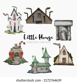 Fairy tale houses. Fantasy forest cabin. Imagination village. Magical landscape elements. Cottages of fictional characters. Vector creative homes set 