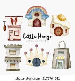 Fairy tale houses. Fantasy forest cabin. Imagination village. Magical landscape elements. Cottages of fictional characters. Vector creative homes set 