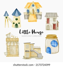 Fairy tale houses. Fantasy forest cabin. Imagination village. Magical landscape elements. Cottages of fictional characters. Vector creative homes set 