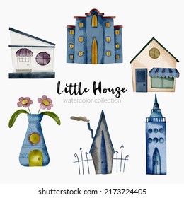 Fairy tale houses. Fantasy forest cabin. Imagination village. Magical landscape elements. Cottages of fictional characters. Vector creative homes set 