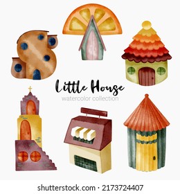 Fairy tale houses. Fantasy forest cabin. Imagination village. Magical landscape elements. Cottages of fictional characters. Vector creative homes set 