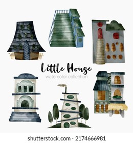 Fairy tale houses. Fantasy forest cabin. Imagination village. Magical landscape elements. Cottages of fictional characters. Vector creative homes set 