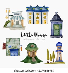 Fairy tale houses. Fantasy forest cabin. Imagination village. Magical landscape elements. Cottages of fictional characters. Vector creative homes set 