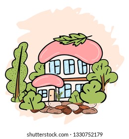 Fairy Tale houses in forests. Hand drawn cute little houses doodle style several objects copy space. Cartoon houses and game icons. Design for poster, invitation card, logo, cover or book.