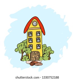 Fairy Tale houses in forests. Hand drawn cute little houses doodle style several objects copy space. Cartoon houses and game icons. Design for poster, invitation card, logo, cover or book.