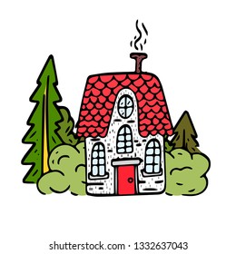 Fairy Tale houses in forests. Hand drawn cute little houses doodle style several objects copy space. Cartoon houses and game icons. Design for poster, invitation card, logo, cover or book.